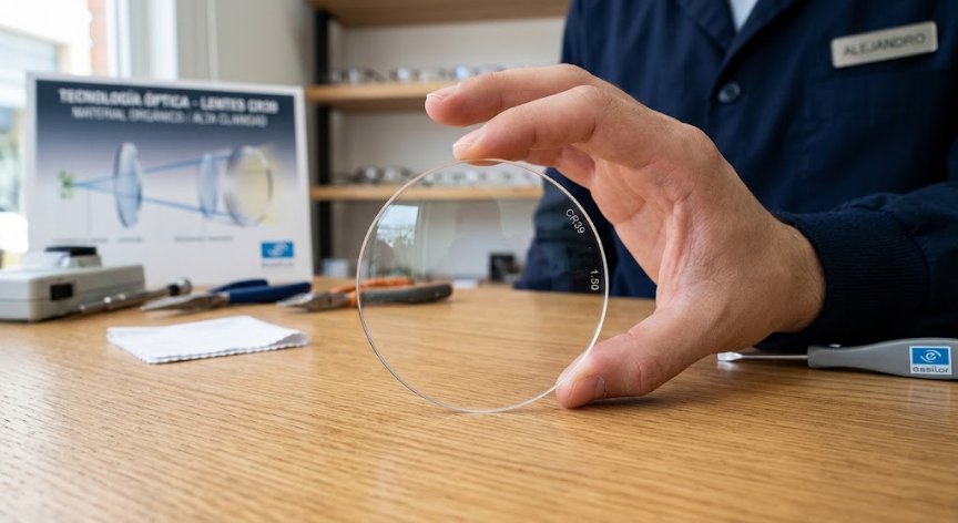 Lente oftálmico analizado en un laboratorio óptico