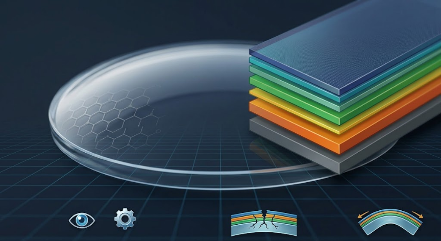 Representación de nanotecnología y recubrimientos multicapa en lentes oftálmicos
